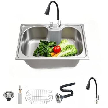 Imagem de Cuba Cozinha Gourmet Pia Aço 304 Inox Acessórios e tubo de descarga Embutir 50/60 x40 x 21 cm (50 * 40 * 21CM+Preto Torneira)