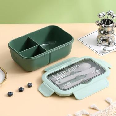 Imagem de yhklatwz Lancheira Bento Box para adultos, recipientes de 1100 ml com 3 compartimentos, recipiente para alimentos para almoço com utensílios, pode ir ao micro-ondas e à máquina de lavar louça (verde)