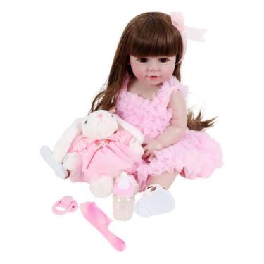 Imagem de Bebê Sweetie Reborn Vestido Rosa Coelhinho Branco Premium 55 - Sweetie
