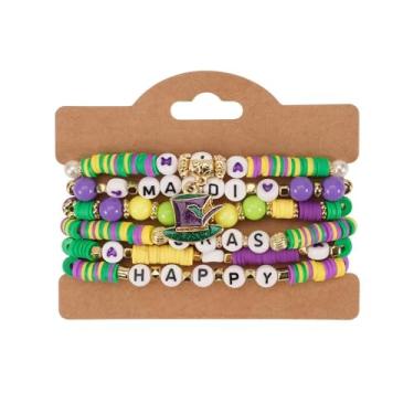 Imagem de Conjunto de pulseiras com contas boêmias – Pulseira de letras multicamadas com pingente de argila de polímero, perfeita para uso diário e acessórios festivos, 7*7*1cm, Argila de polímero, liga de