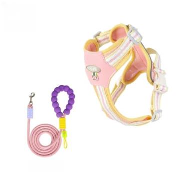 Imagem de Peitoral para Cães com Guia 1,85m Refletivo Ajustável Conforto Segurança Médio Pequeno Porte(Rosa com borda amarela,XL（7.5-11.5kg）)