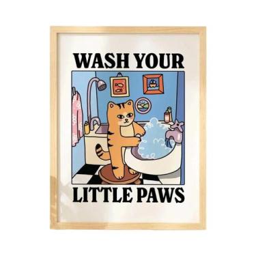 Imagem de Arte De Parede Em Lona Kawaii Com Gato Lavando as Patas Para Banheiro,