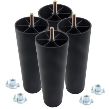 Imagem de Zorveiio Pernas de plástico para móveis de 20 cm, preto, redondo, afunilado, para sofá, cadeira, pés de substituição com parafusos de suspensão M8 e porcas em T (conjunto de 4)