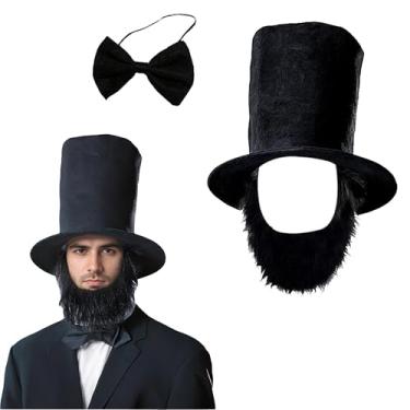 Imagem de Conjunto de fantasia de Abraham Lincoln, preto, chapéu de cavalheiro com barba, gravata borboleta patriótica, fantasia cosplay de presidente patriótico, fantasia engraçada de Halloween para festas de