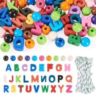 Imagem de Elecrelive 56 peças contas de letras grandes coloridas redondas contas de acrílico com cordão de elastano para chaveiro, pulseiras, colares, fabricação de joias
