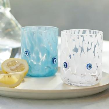 Imagem de Whaline 2 peças de copo de suco com ícone de olho turco, 400 ml, copo de vinho, azul, branco, sem haste, copos para coquetéis para festas em casa suprimentos