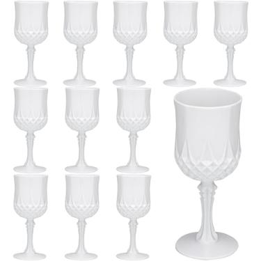 Imagem de JLYLOL 12 peças de copos de vinho vintage de plástico de 198 g Taças de plástico brancas vintage copos de bebida retrô para casamento, copos de água reutilizáveis para festa, recepção, celebração, bar
