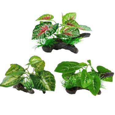 Imagem de Vtapliea Conjunto de decoração de plantas artificiais de aquário – 3 peças de decorações aquáticas realistas de caládio e folhas com base de resina para aquários de peixes, seguro para água doce