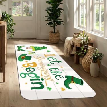 Imagem de Tapete de corredor do dia de São Patrício 43 x 129 cm, tapete de entrada da sorte trevo verde, tapete de porta longo antiderrapante para corredor, cozinha, porta da frente, decoração sazonal de casa
