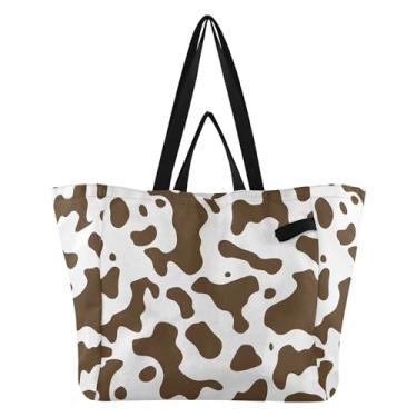 Imagem de SEHANY Sacolas de compras reutilizáveis com estampa de vaca marrom e branca com alças reforçadas, bolsa de compras de lona dobrável à prova d'água de grande capacidade para viagem, cozinha, praia