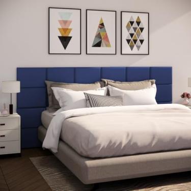Imagem de Cabeceira de Cama Modulada Estofada Autoadesiva 40x30cm, Painel Decorativo para Quarto Solteiro Casal Queen King(Azul,4)