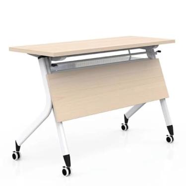Imagem de ZXLPHA Mesa dobrável com prateleira de armazenamento, rodas universais silenciosas, mesa dobrável lateral, mesa de conferência de emenda, adequada para escritório, quarto, estudo, bordo branco