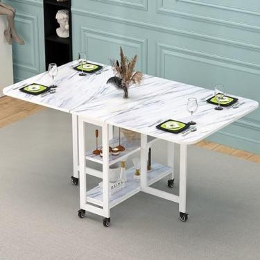 Imagem de ZXLPHA Mesa de jantar dobrável moderna com 6 rodas e prateleiras de armazenamento de 2 camadas, mesa de cozinha que economiza espaço, suporte de aço carbono, dobrável em 3 formas, 120 x 70 cm, suporte