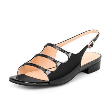 Imagem de yowmns Sandálias femininas com salto baixo, bico quadrado, couro envernizado, confortável, sapatos de verão, Preto, 39