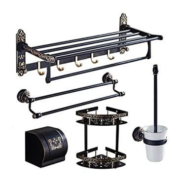Imagem de 3FLQOOPP Conjunto de acessórios de banheiro esculpidos em preto e dourado de alumínio, toalheiro, suporte de papel, suporte de escova de vaso sanitário, barra de toalha