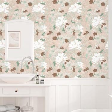 Imagem de Yullpaper Papel de parede floral boho papel de parede floral removível para armários gaveta papel de parede botânico autoadesivo para quartos banheiro paredes rolo de vinil 17,5 × 102,3 pol