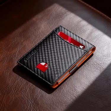 Imagem de Carteira masculina minimalista fina de couro legítimo dobrável com bloqueio de RFID, bolso frontal para uso diário, Laranja, Minimalista