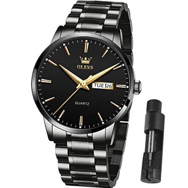 Imagem de Relógio masculino OLEVS Day and Date com relógio de pulso masculino à prova d'água e analógico, relógio de quartzo de aço inoxidável, clássico, relógio de pulso romano, Men Watch-Black Steel Band