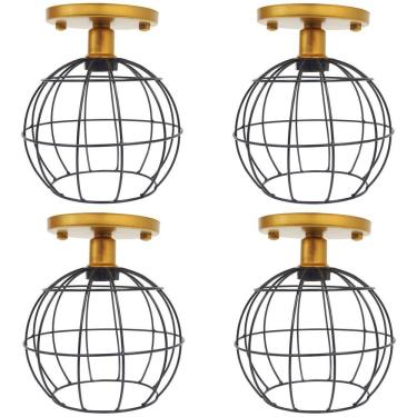 Imagem de 4 Lustres Teto Plafon Industrial Aramado Globo Preto Retrô Luminária Vintage Dourado Agp Ilumini