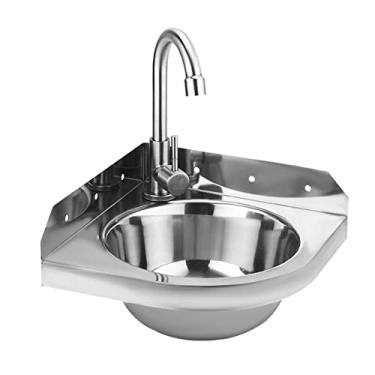 Imagem de Vaidade de canto para pia de vaso de banheiro de aço inoxidável com torneira de água quente e fria - Lavatório de mini triângulo de apartamento pequeno