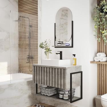 Imagem de Kit Gabinete Para Banheiro Havai Com Cuba E Espelheira Ori Cimento