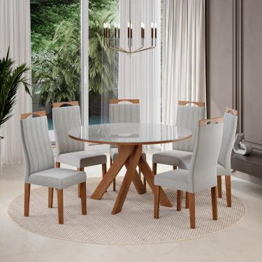 Imagem de Conjunto Sala de Jantar Mesa 137cm com Tampo de Vidro Mônaco com 6 Cadeiras Grécia Madetal - Mel/Nude/Cinza