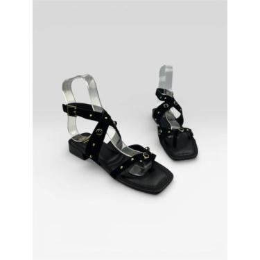 Imagem de Sandália Rasteira Feminina Com Tiras E Tachas Preto/Preto - LITTZ, Pre