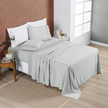 Imagem de Jogo de Cama Lençol Queen 4 Peças 200 Fios Lençol Plano Detalhe Bordad