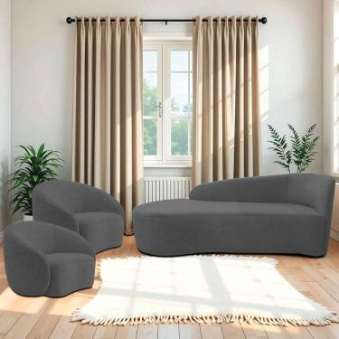 Imagem de Kit Divã Recamier Orgânico França 140cm Lado Esquerdo E 2 Poltronas Amore Linho Cinza Escuro