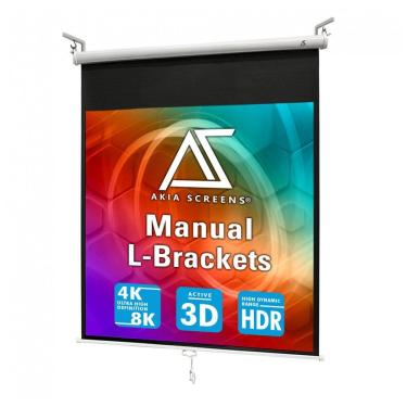 Imagem de Tela de projeção manual 125" Akia Screens 1:1 MaxWhite 2 carcaça branca com suporte L-Bracket