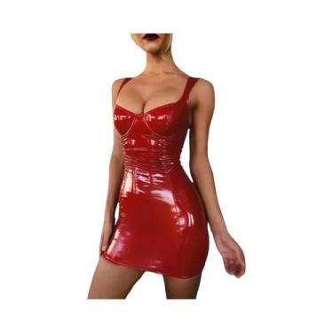 Imagem de Vestido Curto Feminino De Couro Envernizado Brilhante Sem Mangas, Ajus