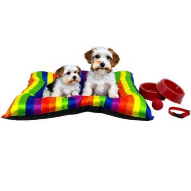 Imagem de Kit Colchonete Arcoíris Pet Médio com Comedouro Coleira Bolinha Fofos 