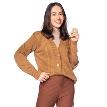 Imagem de Casaco Feminino Oliveira Malhas Tricot Tranças Marrom Claro, Marrom cl