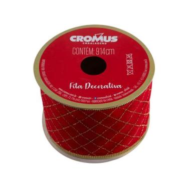 Imagem de Fita Veludo Quadriculada Vermelho e Ouro 6,3cm - 01 unidade 10m- Cromu