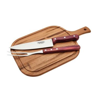 Imagem de Kit para Churrasco 3 Peças Faca Garfo e Tábua de Madeira 23x40 Aço Inox Cabo Polywood Vermelho Tramontina