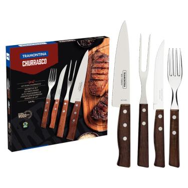 Imagem de Jogo de Talheres para Churrasco 22299011 Aço Inox e Madeira Natural 14 Peças Marrom Tramontina