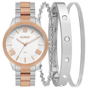 Imagem de Kit Relógio Euro Feminino Soul Bicolor em Aço Caixa 4,0cm Pulseira Prata Mostrador Bicolor