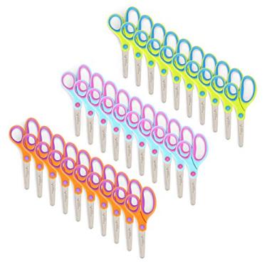 Imagem de Blue Summit Supplies Tesoura infantil, pacote com 30, tesouras para estudantes com aderência confortável, tesouras de segurança a granel para escola e salas de aula, tesouras infantis laranja, azul e