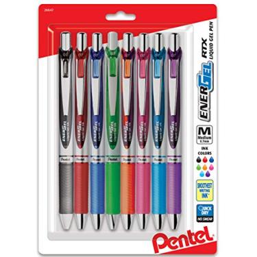 Imagem de Pentel Caneta de gel líquido retrátil EnerGel RTX (0,7 mm), ponta de metal, linha média, tinta sortida, pacote com 8 (BL77BP8M1)
