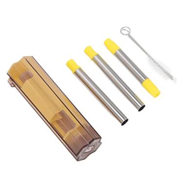 Imagem de Palha dobrável, palha de metal reutilizável portátil com ponta de silicone, capa e escova de limpeza Palha reutilizável de aço inoxidável para água potável, Smoothie, Milkshakes Boba, viagem, doméstico (Amarelo)