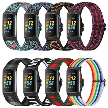 Imagem de ShuYo Pacote com 8 faixas elásticas compatíveis com Fitbit Charge 5, pulseira de substituição elástica nylon cinta esportiva para Fitbit Charge 5 mulheres e homens