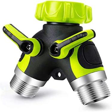 Imagem de Divisor de mangueira de jardim resistente de 2 vias, adaptador de babador de mangueira de água Y, encaixe de latão de rosca de 3/4", conector de mangueira de alto fluxo para torneira de torneira ao ar livre, válvula de desligamento separada, verde fluorescente, colecionador8