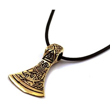 Imagem de Bronze Celta Viking Odin Cabeça de Machado Thors Martelo Mjolnir Colar Pingente Joia Nórdica Cordão de Couro 18-32, Metal, couro