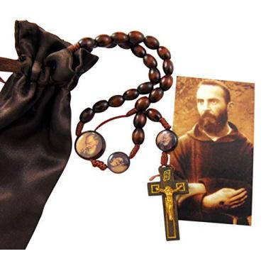 Imagem de Conjunto de presente de terço com cordão de madeira St Pio Devotional com cartão e bolsa de oração Santa