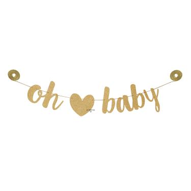 Imagem de CC Party Co. Placa de banner de chá de bebê com glitter dourado Oh Baby com coração removível em barbante dourado | anúncio de gravidez no chá de bebê | decoração de festa reveladora de gênero | borrifador neutro para menino menina
