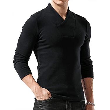 Imagem de NJNJGO Blusa masculina manga longa gola V pulôver slim fit cor sólida casual outono inverno camiseta, Preto, G