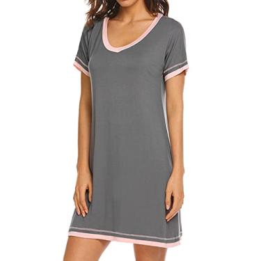 Imagem de Camisolas de Dormir Femininas, Algodão Confortável Com Gola V Vestido de Dormir Com Bloqueio de Cor Manga Curta Casual para Descanso Noturno Feminino para Hotel (XXG)