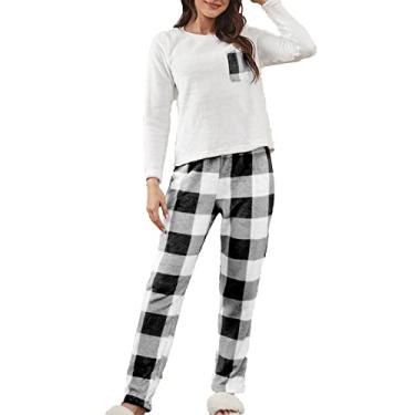 Imagem de Conjuntos de pijama feminino Grid manga longa roupa de dormir pijamas macios conjuntos de pijama de flanela ultra-macia confortável duas peças, preto, P (55 kg/165 cm)