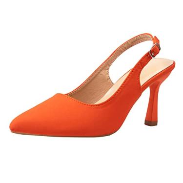Imagem de Sandálias femininas de couro de cor sólida com fivela rasa fina de salto alto anabela para mulheres sandálias de salto (laranja, 38)