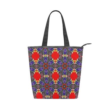 Imagem de Bolsa feminina de lona durável, azul, vermelha, abstrata, padrão geométrico, grande capacidade, sacola de compras